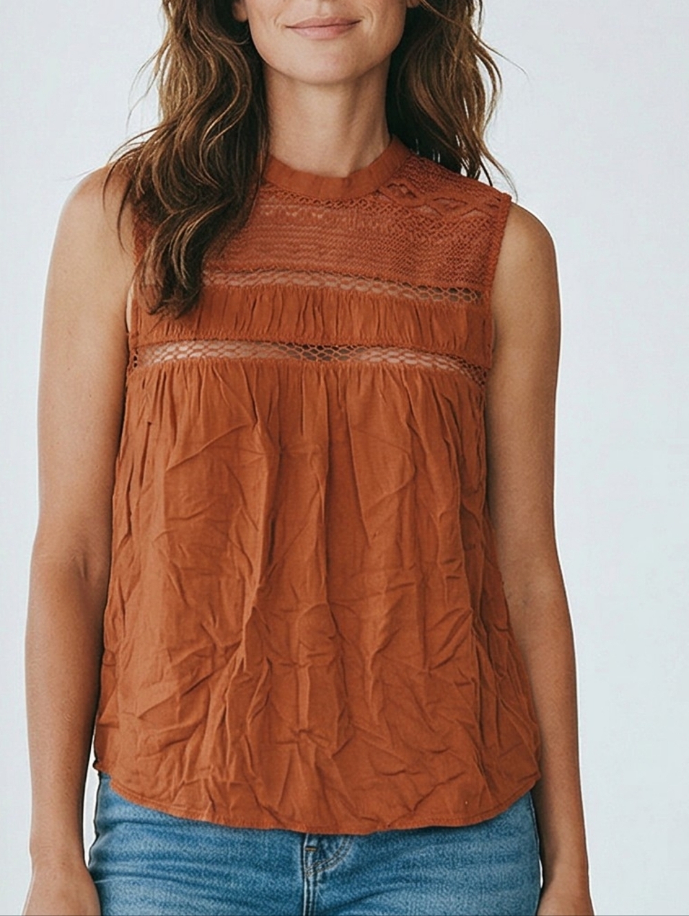 Old Navy Rust Brown Sleeveless Lace Yoke Blouse